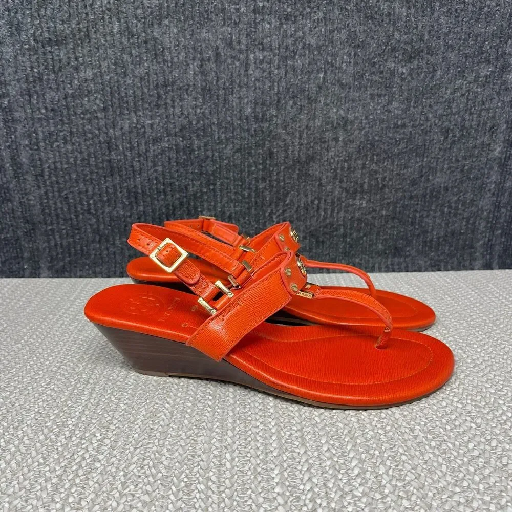 Tory Burch Robinson Demi Wedge Sandals Thong Slingback Orange Leather Womens 8.5